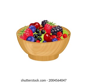 Wild berries in wooden bowl isolated on white background. Strawberry, blueberry, blackberry, currant, cherry and gooseberry. Vector illustration of healthy organic food in cartoon flat style.