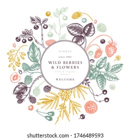 Wild berries wreath in color. Hand drawn fruits and flowers vector design. Hand drawing. 