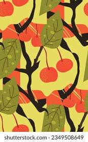 Wild berry cherry silhouettes vector seamless pattern. Painted silhouettes of cherry tree branches in a bright color palette . Small branches with berries, leaves, stems . Abstract plant motif. 