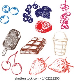 Wild berry drawing. Hand drawn vintage vector frame. Summer fruit set of strawberry, cranberry, currant, cherry, srawberry, blueberry. Detailed organic food template for menu, jam label, tea banner