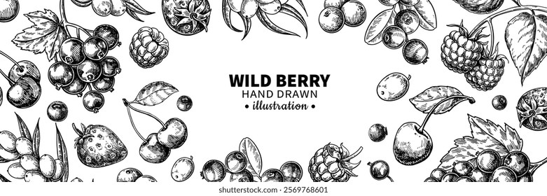 Wild berry drawing. Hand drawn vintage vector frame. Summer fruit set of strawberry, cranberry, currant, cherry, strawberry, blueberry. Detailed organic food template for menu,  jam label, tea banner