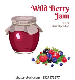 Wild Berry Jam in glass jar isolated on white background. Vector illustration of fruit sweets in flat style.