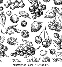 Wild berry seamless pattern drawing. Hand drawn vintage vector background. Summer fruit set of strawberry, cranberry, currant, cherry, srawberry, blueberry. Food for menu, label, banner, tea or jam