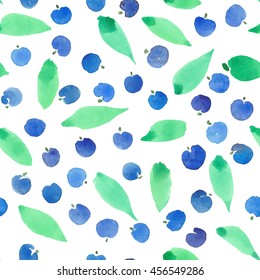   Wild berry watercolor blue with green leaves colorful stain