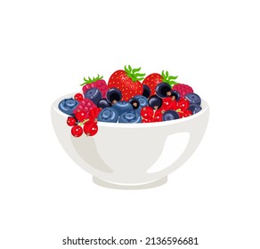 Wild berry in white bowl isolated. Vector raspberry, strawberry, blueberry, huckleberry and currant. Cartoon flat illustration.