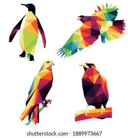 Wild Bird Animal Set in Polygonal low poly. fauna abstract Vector.hawk falcon penguin parrot in low poly polygon