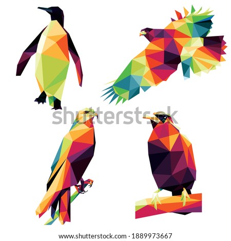 Wild Bird Animal Set in Polygonal low poly. fauna abstract Vector.hawk falcon penguin parrot in low poly polygon