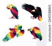Wild bird colorful logo set. Colorful Polygonal low poly vector of wild bird collection. owl, vulture, bald eagle , hawk colorful vector logo