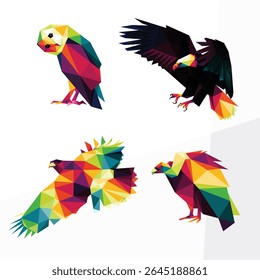 Wild bird colorful logo set. Colorful Polygonal low poly vector of wild bird collection. owl, vulture, bald eagle , hawk colorful vector logo