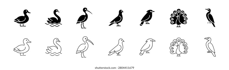 Wild Bird Icon Set – Owl, Parrot, Peacock and Water Birds, EPS 10