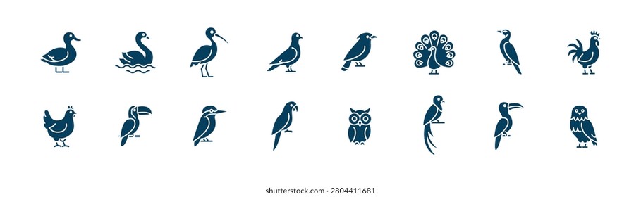 Wild Bird Icon Set – Owl, Parrot, Peacock and Water Birds, EPS 10