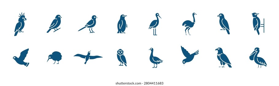 Wild Bird Icon Set – Owl, Parrot, Peacock and Water Birds, EPS 10