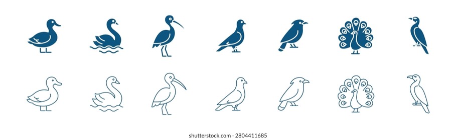 Wild Bird Icon Set – Owl, Parrot, Peacock and Water Birds, EPS 10