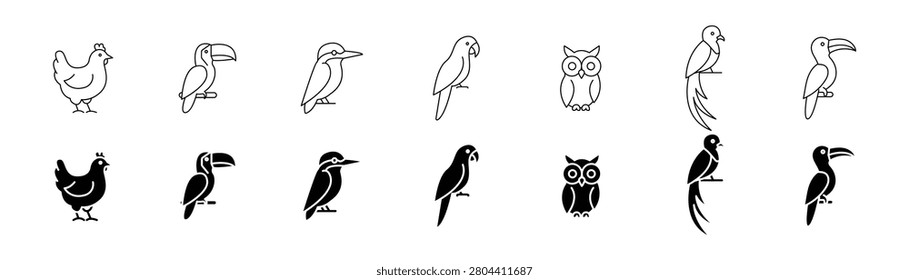 Wild Bird Icon Set – Owl, Parrot, Peacock and Water Birds, EPS 10