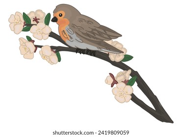 Wild bird sits on a blooming branch clipart. Spring time doodle. Vector illustration in cartoon style isolated on white.