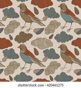  Wild birds with clouds, seamless pattern on white background vector illustration