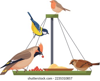 Wild birds eating berries at feeder cartoon icon isolated on white background