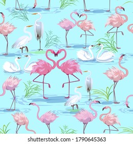 Wild birds. Flamingos, herons, swans. Seamless pattern. Wild nature.