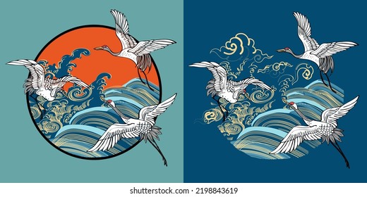 Wild birds in flight. Animals in nature or in the sky. Cranes with wings and red sun. Fashion illustration for t-shirt, fabric, wallpaper, cover, cards. - Vector.