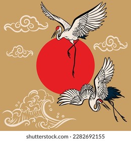 Wild birds in flight. Animals in nature or in the sky. Cranes with wings and red sun. Fashion illustration for t-shirt, fabric, wallpaper, cover, cards. - Vector.