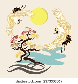 Wild birds in flight. Animals in nature or in the sky. Cranes with wings and red sun. Fashion illustration for t-shirt, fabric, wallpaper, cover, cards. - Vector.