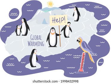 Wild birds living in antarctica suffer from global warming. Cute penguins on ice floe asking for help during global warming. Melting glaciers due to rising planet temperature vector illustration