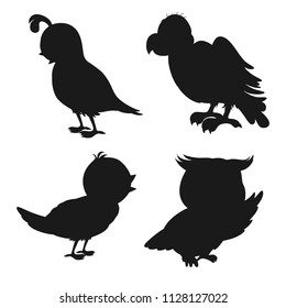 Wild Birds, Zoo Animals.  Silhouette Set of Quail, Vulture, Nightingale, Owl. Find the Shadows of Different Birds