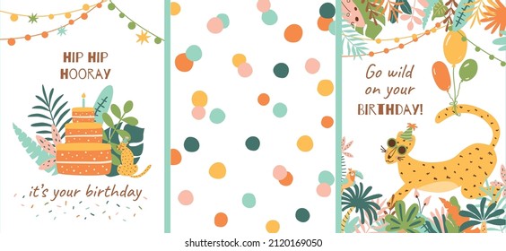 Wild birthday party cards set. Jungle party posters collection. Jungle animal party banners With birthday cake. Bright summer safari graphic design. Summer background wild free Vector illustration.