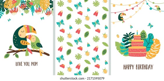 Wild birthday party cards set  Jungle party posters collection  Jungle party banners and toucans  birthday cake  Bright summer tropical posters  Mom   baby Vector illustration  Mothers birthday 