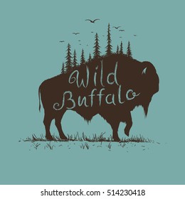 wild bison with forest on him. Vintage old label. Hand drawn vector illustration