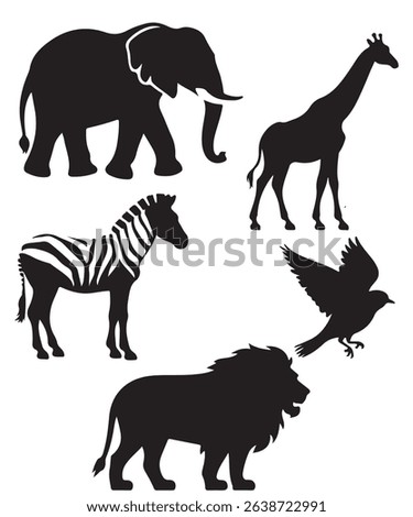 Wild Black Animal Silhouette Vector bundle illustration Pack set– Lion, Elephant, Giraffe, Zebra, Bird Icons