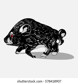 Wild black boar with red eye.Vector illustration