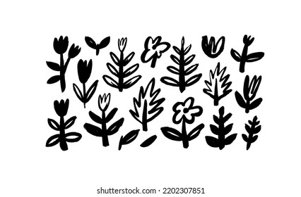 Wild black flowers vector collection. Botanical elements isolated on white background, decorative wildflowers. Chamomile, clover, daisy simple hand drawn elements. Small stems, herbs and branches.