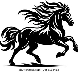 Wild black horse galloping with hair flying