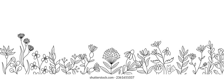 Wild blooming meadow flowers and herbs border. Horizontal banner, floral overlay backdrop. Botanical monochrome ink sketch style hand drawn vector illustration isolated on white background