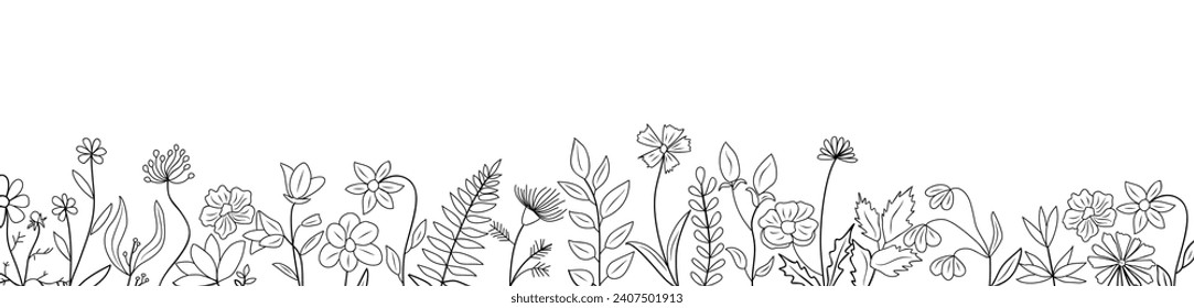 Wild blooming meadow flowers and herbs border.