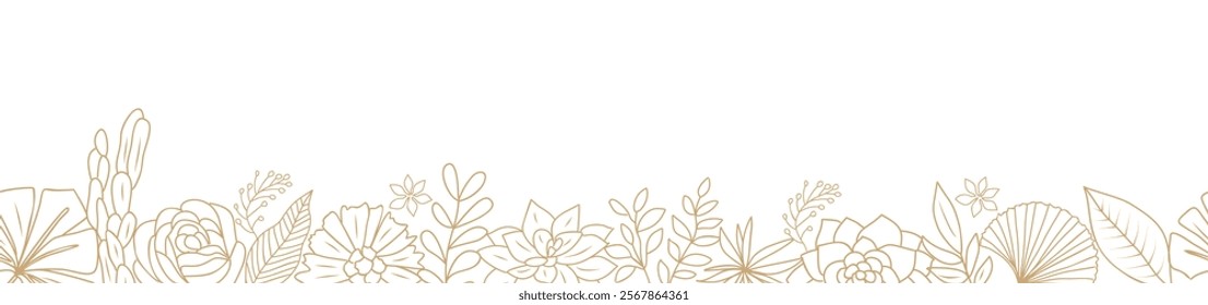 Wild blooming meadow flowers and herbs border. Horizontal banner, floral overlay backdrop. Botanical monochrome gold sketch style hand drawn vector illustration isolated on white background.