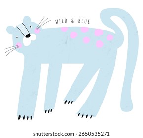 Wild And Blue. Funny Blue Leopard With Pink Dots On Its Back. Childish Hand Drawn Vector Illustration Of Happy Wild Cat. Safari Animal. King Of The Jungle. Kids' Room Decoration. RGB.