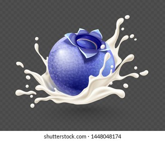 Wild Blueberry Berry Falling Into Milk Yoghurt Splash. Ripe Fruit Ingredient For Healthy Eating. Isolated On White Background. Eps10 Vector Illustration.