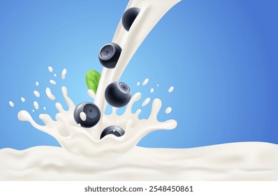 Arándano silvestre con salpicaduras y flujo de leche o yogur, olas y arroyos sobre fondo azul. Vector para el diseño de envases, bebidas y alimentos.