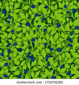 Wild blueberry seamless pattern. Vector texture of blueberry bushes. Great for packaging, textile, backdrop.