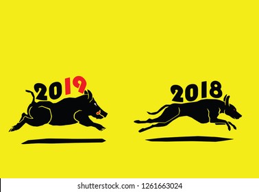 A wild boar bearing the number 2019 chasing away a dog bearing number 2018 for the concept Year of the Pig coming after Year of Dog. Vector illustration. 