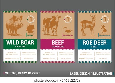 Wild Boar, Beef, Roe Deer Farm and Game Meat Packaging Label vector design set. Including hand drawn rustic illustration on craft paper pack. Badge with county of produce and type of meat cuts