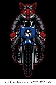 Wild Boar Biker Mascot Riding Cafe Racer Motorcycle Front View Angle