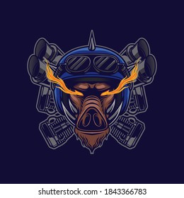 Wild boar biker wearing moto helmet mascot illustration design vector file eps10. editable design ready for t-shirt design