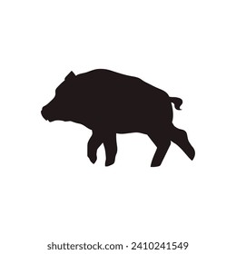 Wild boar black silhouette. Forest animal of the tundra and taiga. Cartoon character of nature creature, wild hog boar with tusks. Northern large ungulate mammal vector illustration isolated on white