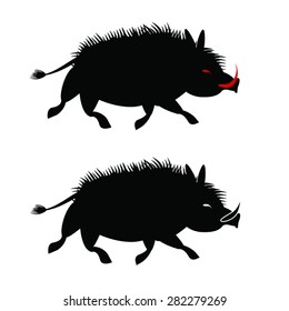  Wild boar black silhouette isolated on white background. Two boars run, one with red eyes and fangs. Boar as symbol of hunting, danger or meat. Vector clip art, design elements, eps 10.