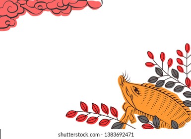 Wild boar and bush clover card of Japanese playing cards. Vector illustration.
