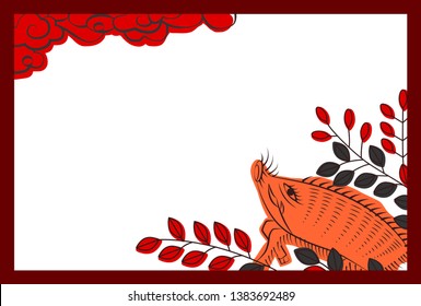 Wild boar and bush clover card of Japanese playing cards. Vector illustration.
