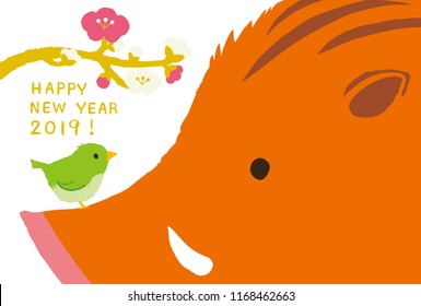 Wild boar and bush warbler with plum blossom for New Year's Day. 2019 new year's card